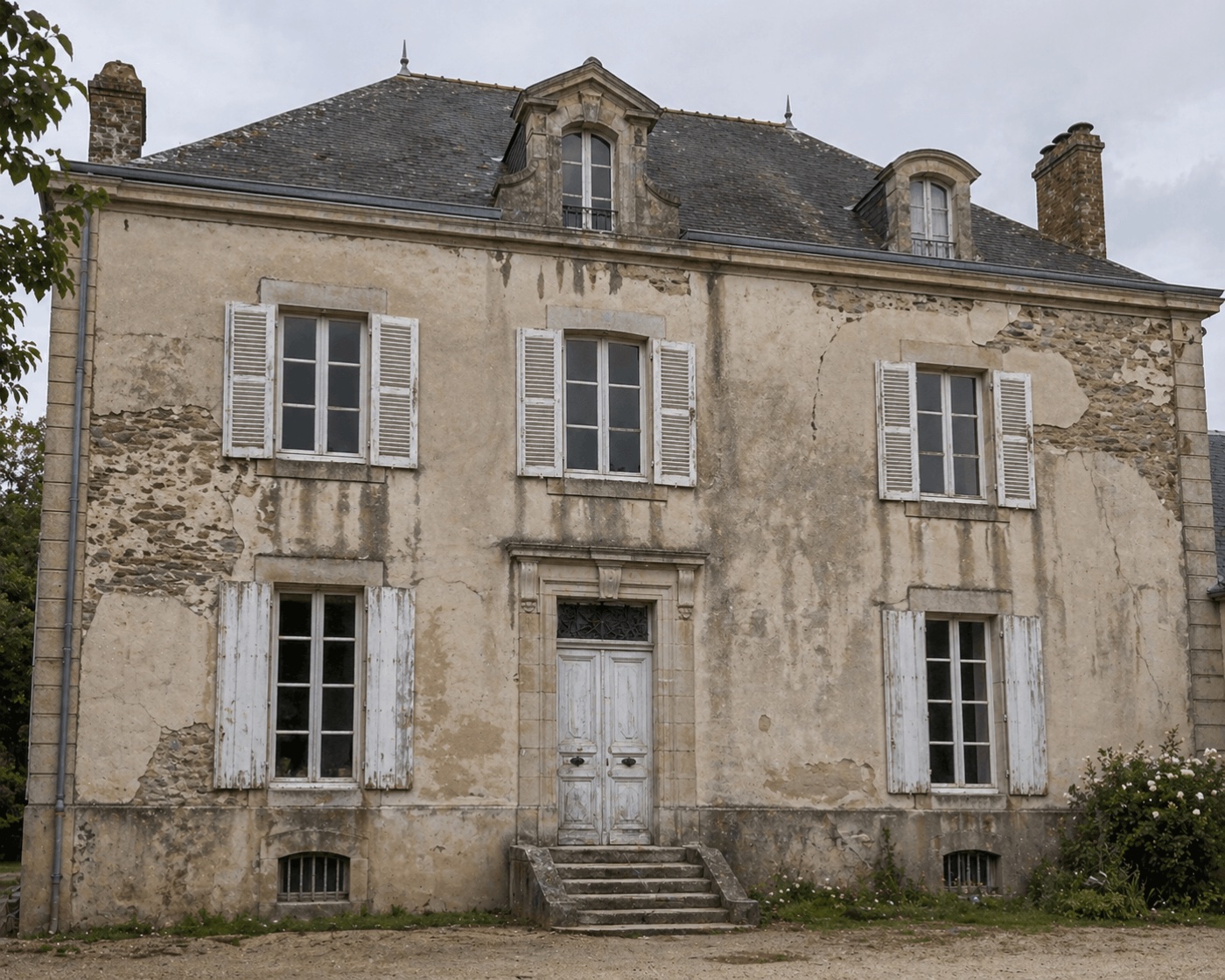 Avant ravalement façade maison bourgeoise à Évron